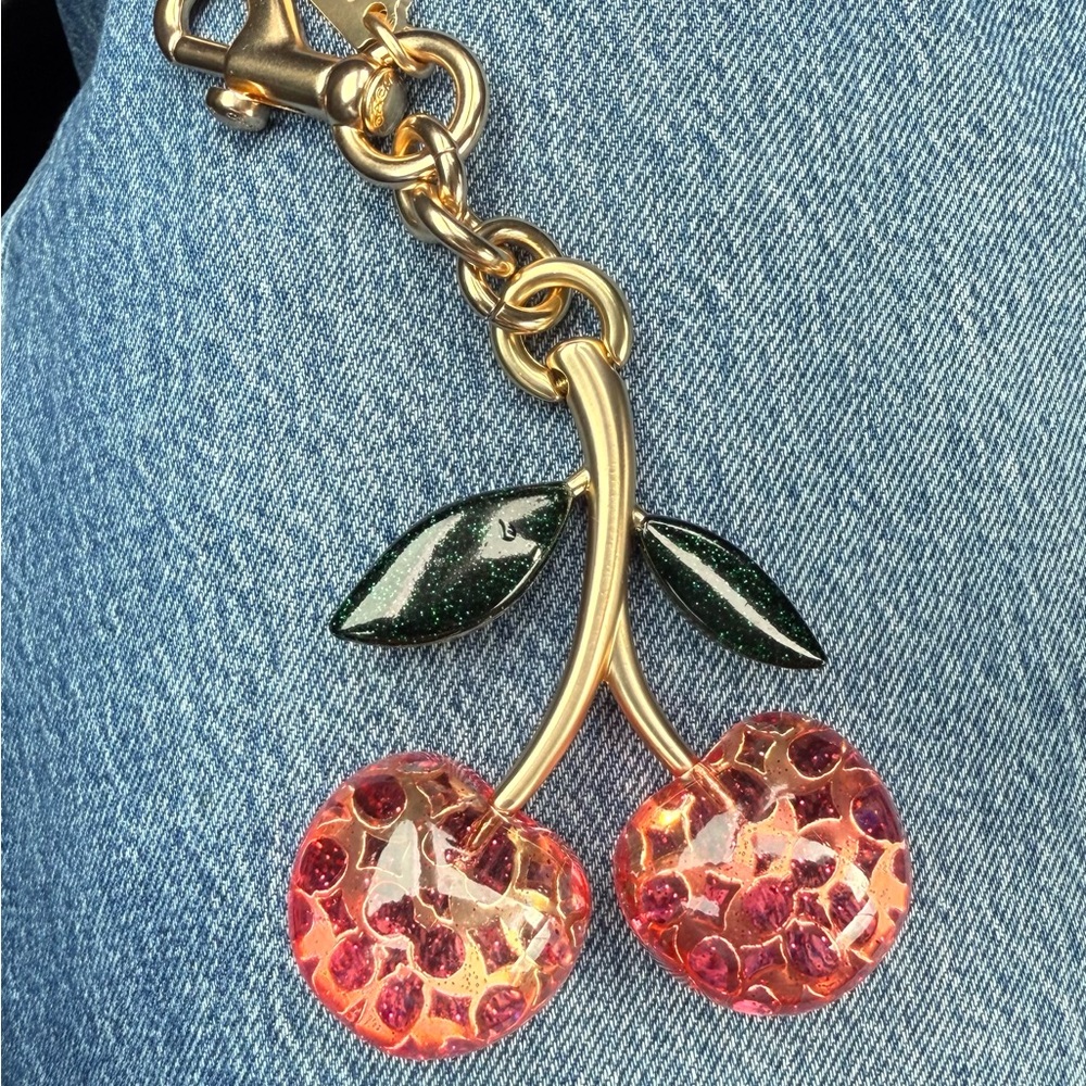 Coach Cherry Charm Keychain with Gold and Green Accents
